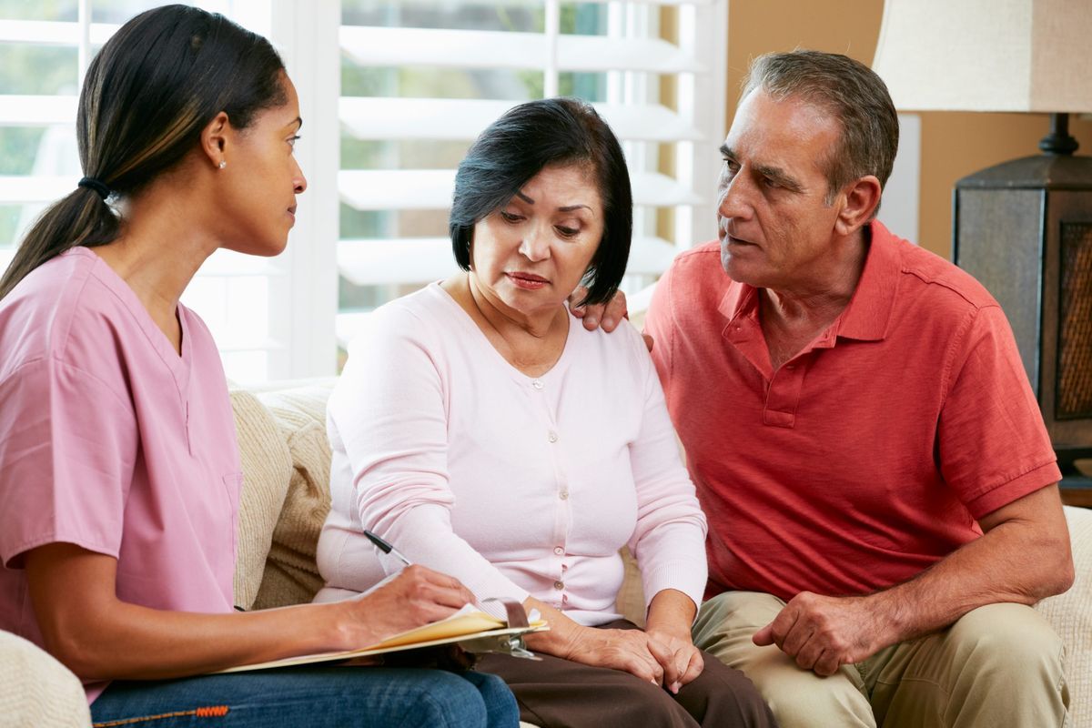 A care professional discussing needs with an older couple